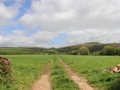 A dirt path through a green field with hills and trees in the background at Tremethic in Trewoon