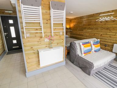 A small living area with a sofa bed and two colorful pillows in a wooden room at Cilan Lodge in Llandrillo
