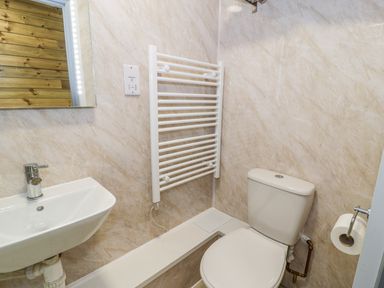 A small bathroom with a toilet sink mirror towel radiator and toilet paper at Cilan Lodge in Llandrillo