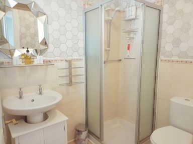 A bathroom with a sink cabinet mirror shower enclosure and toilet at Llys Madoc The Top Flat in Penmaenmawr