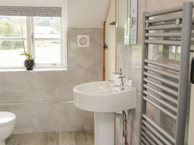 A bathroom with a pedestal sink a heated towel rail a window with a plant and a partial view of a toilet at Conquer Hall in Hendomen near Montgomery