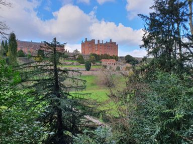 A castle on a hill surrounded by trees and greenery at Conquer Hall in Hendomen near Montgomery