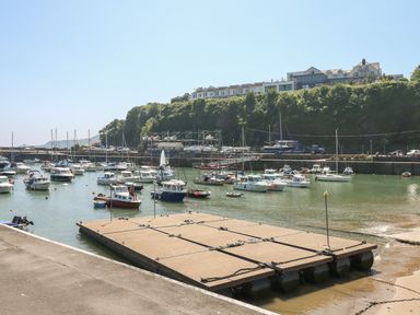 A harbor with multiple small boats docked and buildings on a hill in the background at 2 Primrose Cottage in Saundersfoot
