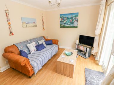 A living room with a brown sofa covered by a blue striped throw and cushions a wooden coffee table with a green bowl a television on a stand with DVDs and a window with curtains at 2 Primrose Cottage Saundersfoot