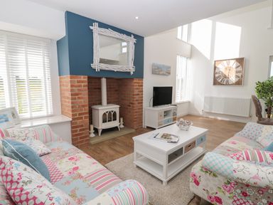 A living room with patterned sofas a white coffee table a wood stove in a brick fireplace and a TV at Waterside in Beadnell