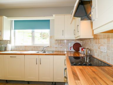 A kitchen with wooden countertops a double sink a stove and cream cabinets at Croghan Portsalon