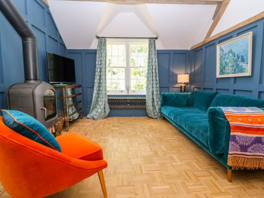 A living room with a blue sofa orange chair wood stove television and window with patterned curtains at The Hemmel in Faringdon
