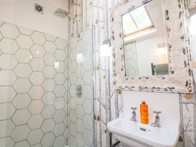 A bathroom with a hexagonal tiled shower area a sink with faucets an orange bottle and a framed mirror at The Hemmel in Faringdon