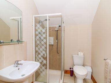 A bathroom with a sink a shower enclosure and a toilet at Doornogue in Churchtown near Fethard-on-Sea