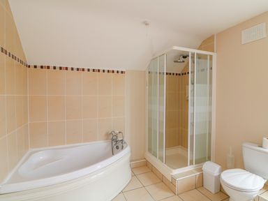 A bathroom with a corner bathtub a shower cubicle and a toilet at Doornogue Churchtown near Fethard-on-Sea