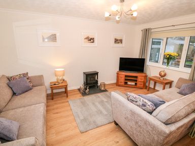 A living room with two sofas a TV on a stand a small stove and framed pictures on the wall at 4 Ty Rhosyn Morfa Bychan