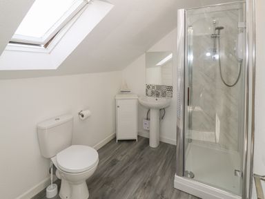 A bathroom with a toilet shower sink cabinet and skylight at 4 Ty Rhosyn in Morfa Bychan