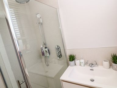 A bathroom with a glass enclosed shower and a sink with plants and soap dispensers at Driftwood Haven in Carbis Bay