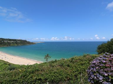 A beach with sand and people near a grassy hill with flowers and a tree at Meridian in Carbis Bay