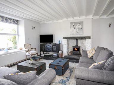 A living room with grey sofas a fireplace and a television at Glyn Morfa in Harlech
