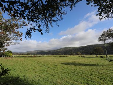 A field with green grass and scattered trees under a blue sky with clouds at Glyn Morfa in Harlech