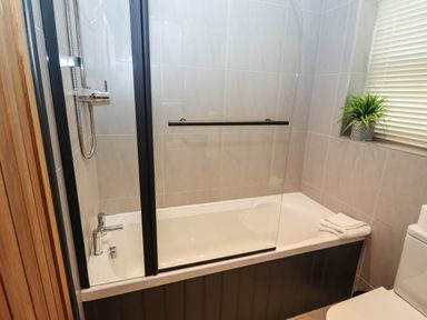 A bathroom with a bathtub shower combination a glass shower screen a toilet and a potted plant on the windowsill at Gavel Cottage in Whitby