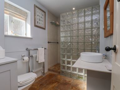 A bathroom with a shower and sink at Cobbles House in Whitby