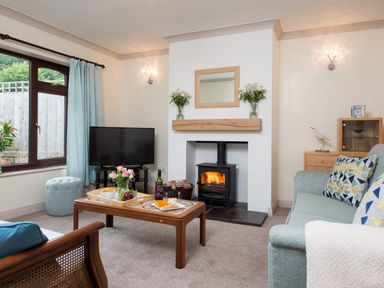 A living room with a wood burning stove and TV and a coffee table with wine and food at Seawinds in Robin Hood'S Bay