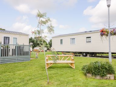 Mobile homes with a wooden bench and a small tree on grass with a lamppost and flower basket at The Hideaway in Cockermouth
