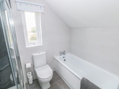 A bathroom with a bathtub a toilet a window and a shower at Ty'r Winllan in Newport Pembrokeshire