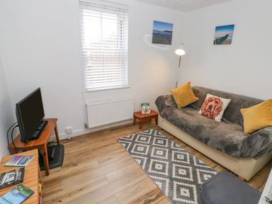 A small living room with a couch covered in a gray throw and yellow pillows a TV on a wooden stand and a patterned rug on a wooden floor at Ty'r Winllan Newport Pembrokeshire