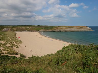 A sandy beach with people near the water and green hills in the background at Granary Cottage in Pembroke