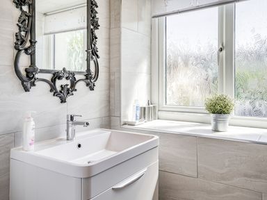 A bathroom sink with a mirror above and a window with a plant on the sill at Granary Cottage in Pembroke