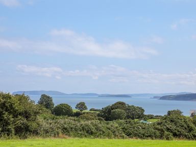 A coastal landscape with grass and trees overlooking the sea at Gorwel in Moelfre