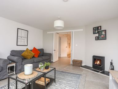 A living room with gray sofas and colorful cushions a glass coffee table with plants and a candle a fireplace and wall art at Gorwel in Moelfre
