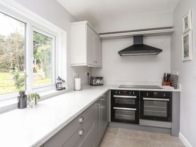 A kitchen with gray cabinets black ovens and a window with plants on the counter at Gorwel in Moelfre