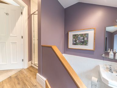 A bathroom with a white door a shower enclosure a white sink and a framed floral picture on a purple wall at Prospect House in Ambleside