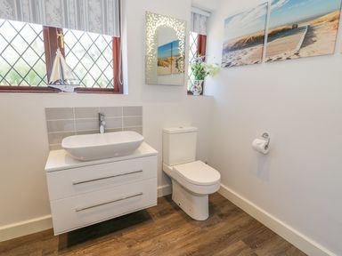 A bathroom with a white sink unit and toilet with a model sailboat and artwork at Berwyn in Talybont