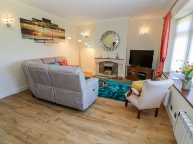 A living room with sofas a round glass coffee table a fireplace a television and a window with flowers on the sill at Berwyn in Talybont