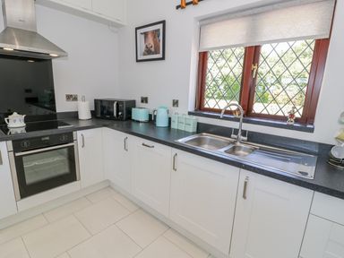A kitchen with white cabinets black countertops a stainless steel oven microwave kettle toaster and a double sink under a window at Berwyn in Talybont
