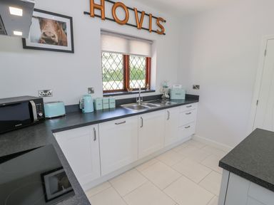 A kitchen with white cabinets black countertops a window with grid panes and a sink below it and appliances including microwave toaster and kettle at Berwyn in Talybont