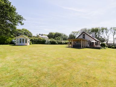 A large grassy yard with a small house and a shed surrounded by trees at Berwyn in Talybont