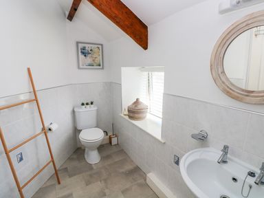 A bathroom with a toilet a sink a round mirror a wooden ladder and a window with blinds at The Old Brewery in Saundersfoot