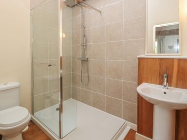 A bathroom with a toilet a glass-enclosed shower and a sink with a mirror at The Long Barn in Berwick-Upon-Tweed