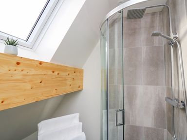 A bathroom with a glass shower enclosure a skylight and a wooden shelf with a plant at Elan Valley Welsh - The Sheepfold in Llanyre near Llandrindod Wells