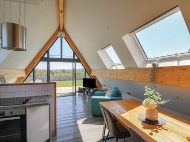 An open living space with kitchen appliances on the left a wooden dining table with flowers and chairs on the right a sofa and TV near glass doors opening to a garden at Elan Valley Welsh - The Sheepfold in Llanyre near Llandrindod Wells