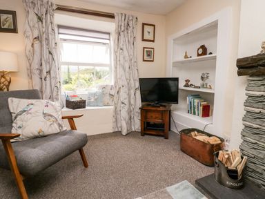A living room with a gray armchair by a window with curtains a TV on a wooden stand shelves with books and ornaments and a stone fireplace with kindling at Rusland View Rusland near Newby Bridge