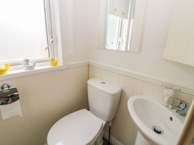 A small bathroom with a toilet and a sink under a window with three duck figurines on the windowsill at Ramblers Rest in Felton