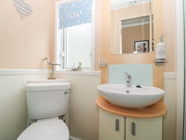 A bathroom with a toilet and a sink under a mirror at Ramblers Rest in Felton