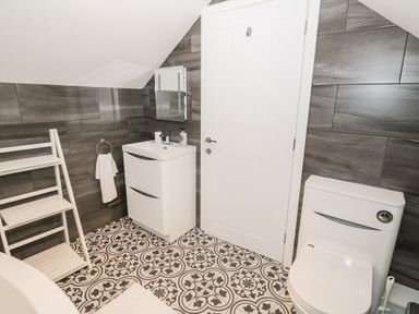 A bathroom with a white door white sink unit toilet towel rack and patterned floor tiles at Argraig in Llanbedrog