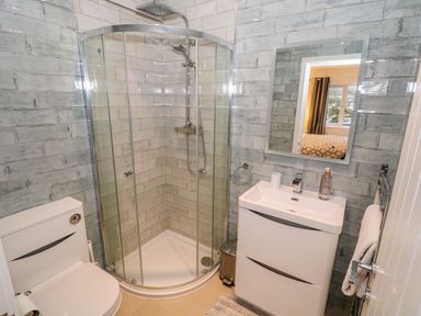 A bathroom with a corner glass shower enclosure a white toilet and a white sink with a mirror above at Argraig in Llanbedrog