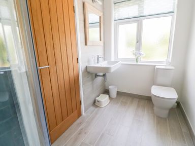 A bathroom with a wooden door a wall-mounted sink a toilet a window with frosted glass and a roll of toilet paper at Senafe in Widemouth Bay