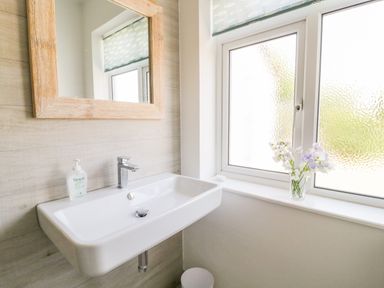 A bathroom sink with a mirror above and a window with flowers on the sill at Senafe in Widemouth Bay