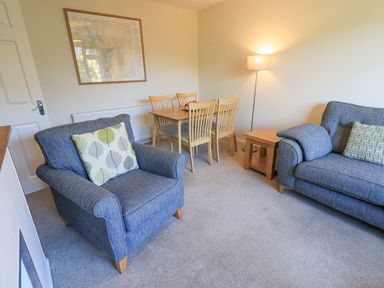 A living room with blue armchair and sofa a wooden dining table with chairs a floor lamp and a framed map on the wall at Fairfell in Keswick