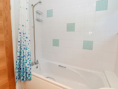 A bathroom with a bathtub showerhead and a white and blue patterned shower curtain at Estuary View House and Annexe Dartmouth